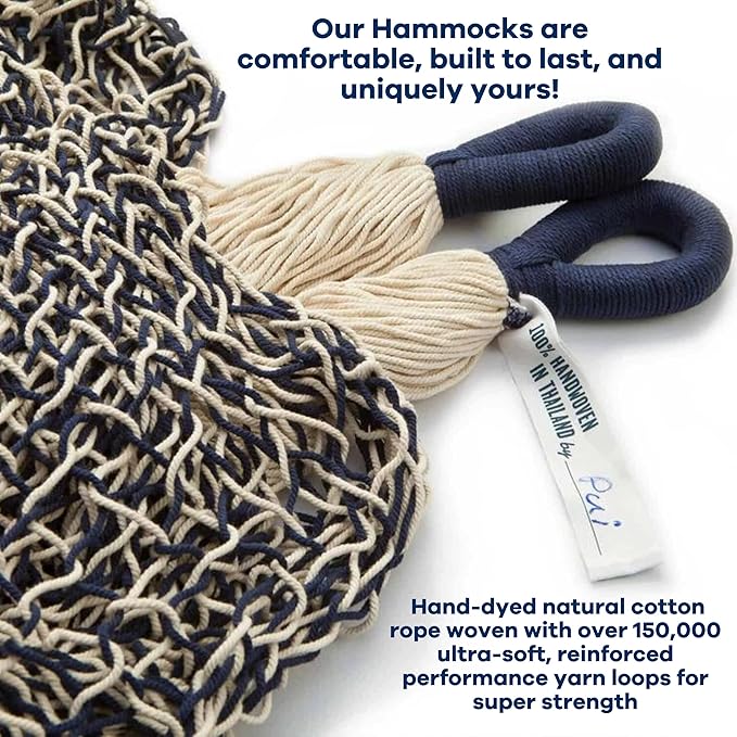 Handwoven Cotton Rope Hammock by Yellow Leaf Hammocks - Double Size, Fits 1-2 PPL, 400lb max - 100% Natural Cotton, Easy to Hang, Artisan Made - Color: Navy Blue - Off White