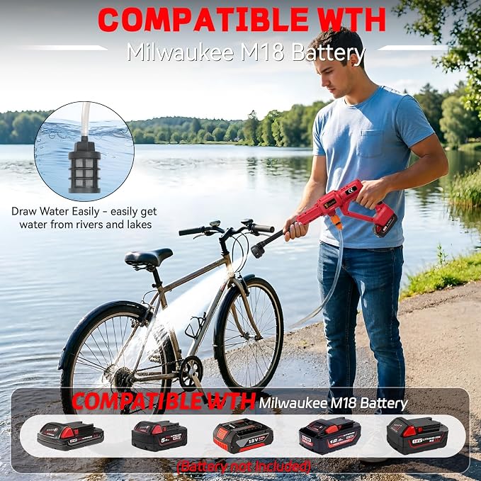 Cordless Cleaning Tool Compatible with Milwaukee M18 Battery, Portable Handheld Vehicle Cleaner with 6-in-1 Nozzle & 16.5FT Drain Hose for Car/Fence/Patio/Deck/Bike Cleaning(Battery Not Included)