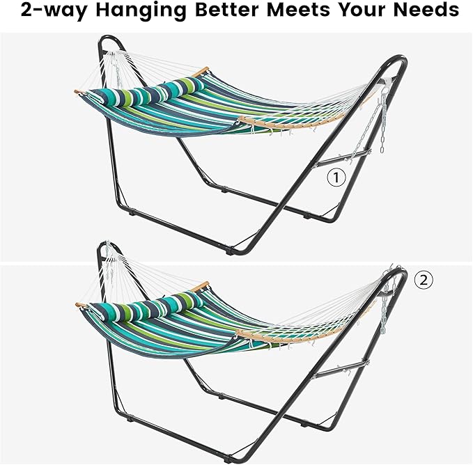 Yaheetech Hammock with Stand Set, Padded Hammock with Frame & Removable Pillow for 2-3 People Outdoor, Porch, Patio, Deck and Backyard, Max.Weight Capacity 475LB - Green Stripe