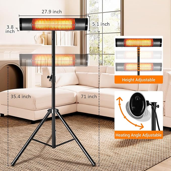 Electric Outdoor Heater, 1500W Carbon Infrared Heaters with Remote, Tripod Mounted Radiant Patio Heater with 3 Heat Settings, 8H Timer for Outdoor, Garage, Yard
