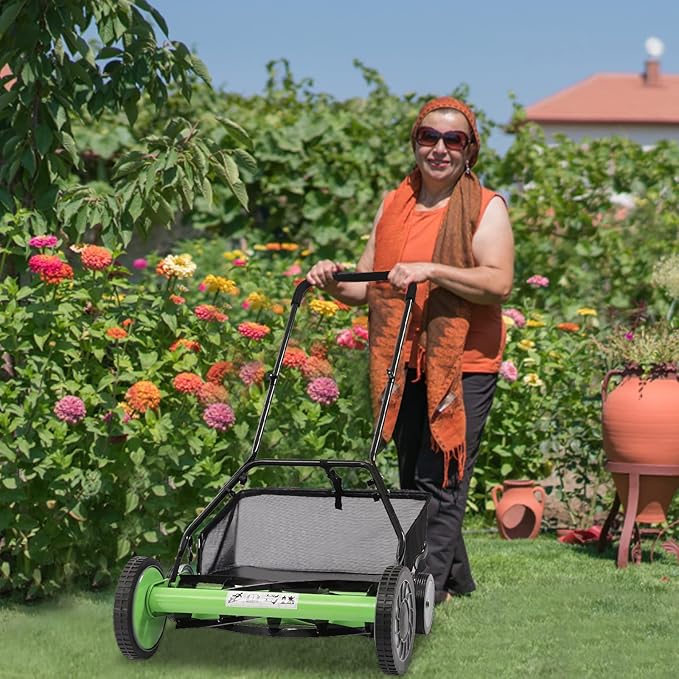 Reel Mower Outdoor Manual Tools, Cylinder Lawnmower with Self-propelled Source, Push Reel Lawn Mower with Grass Catcher, 65Manganese Steel Manual Lawn Mower with 5 Blades Green, Black