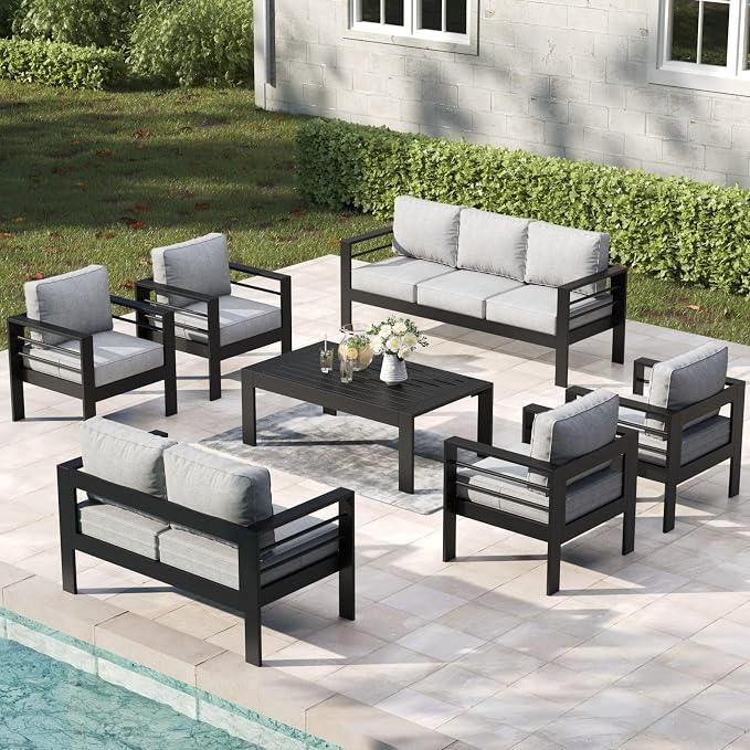 7 Pieces Aluminum Outdoor Patio Furniture Set with Coffee Table, Modern Metal Conversation Sofa Set with Deep Seating for Porch