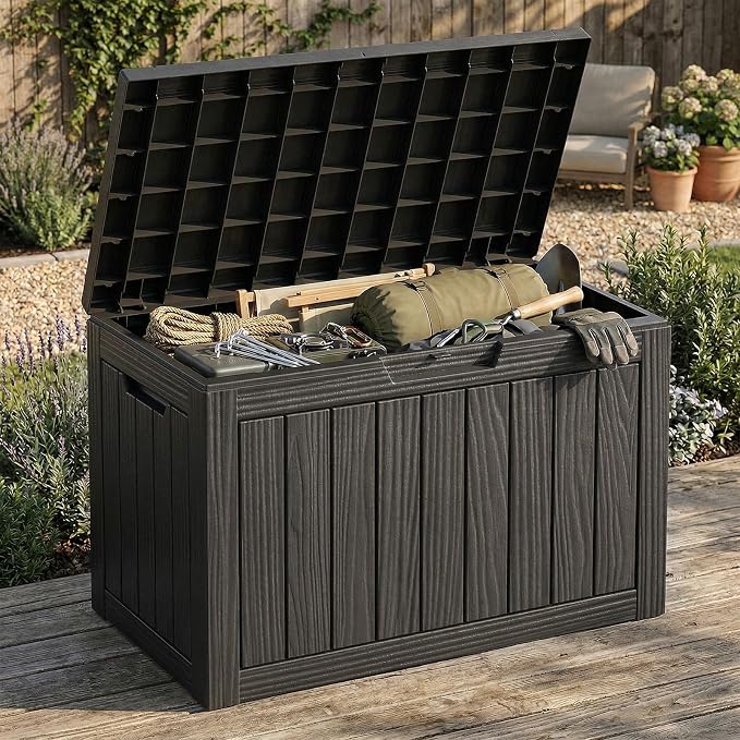 ROJIK Outdoor Storage Box, 55 Gallon Waterproof Deck Box, Weatherproof Resin Outside Storage Bin for Patio Furniture, Garden Tools, Pool Accessories, Cushion, Black