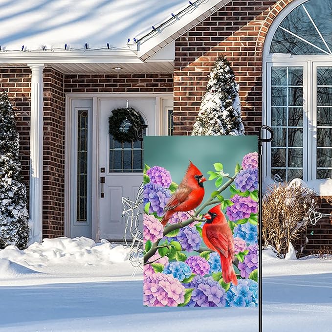 Summer Garden Flags 12x18 IN Double Sided Cardinal Flag for Outside Hydrangea Garden Flag for Spring Summer Seasonal Holiday Farmhouse Decor
