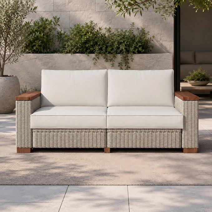 PaPaJet Outdoor Loveseat Patio Sofa, Wicker Couch with Solid Armrests & Legs, 4.7" Thick Cushion, UV-Resistant Modular Sofa for Porch, Backyard, Garden