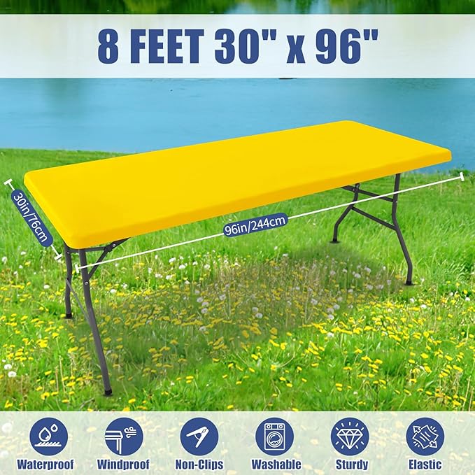 Moosfor Spandex 8 Foot Rectangle Table Cloth 2 Pack, Elastic Fitted Tablecloths for Picnic, Stretch Washable Patio Table Cover for Outdoor, Camping, Banquet and Parties (Yellow, 30"x96")