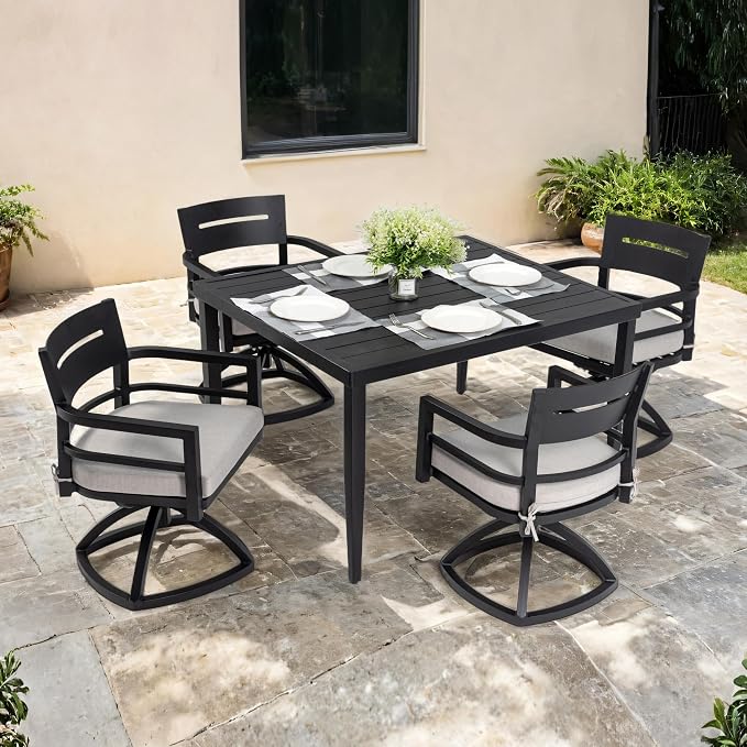 5-Piece Patio All Aluminum Furniture Set, All-Weather Resistant Outdoor Patio Set, 40" Square Dining Table with Umbrella Hole and 4 Swivel Rockers Fabric Upholstered,Ember Black