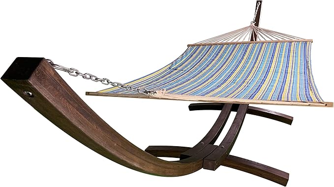 14 Ft. Water Treated Wooden Arc Hammock Stand + Premium Quilted, Double Padded Hammock Bed. 2 Person Bed.450 LB Capacity(Coffee Stain/Teal & Yellow Stripe)