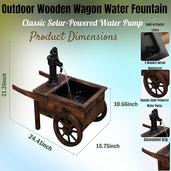 NestNature Outdoor Water Fountain,Wooden Wagon Wheel Pump Old-Fashioned Fountain,Solar-Powered Electric Decorative Hand Pump, Outdoor Water Feature for Patio, Garden & Indoor Decoration