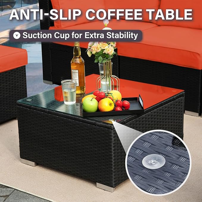 7-Piece Outdoor Patio Furniture Set – Handwoven All-Weather Rattan & 4” Thick Waterproof Cushions, Wicker Outdoor Conversation Sets with Coffee Table for Deck, Backyard, Garden, Black/Orange