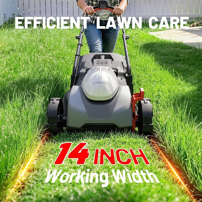Litheli Electric Lawn Mower Cordless,Grass Cutter Machine for 2800 Sq. Ft.Lawnmower with Brushless Motor, 14.5 In Cutting Width, Cutting Height from 1 In to 2.5 In, Includes 5.0 Ah Battery and charger