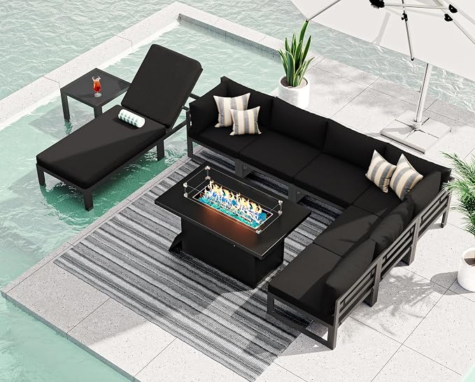 RADIATA 9 Pcs Extra Large Modern Aluminum Outdoor Furniture Set with Lounger & Fire Pit Table, 29 inch Deep Wide Couch Set, 500 lbs Heavy Duty Comfortable Patio Sectional Sofa for Edge of Pool, Black