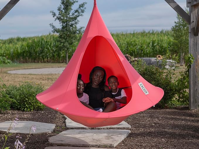 Double Cacoon Hanging Chair for Two – Cozy Indoor/Outdoor Hammock with Polyester Canvas, 440 lb Capacity, Includes 18ft Rope & Carabiner (Coral Rose)