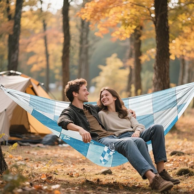 Light Blue and White Checkered Pattern 330lb Capacity Hammocks for Camping with Portabl Carry Bag Tree Hammock for Outside Patio Garden accesorios para Camping