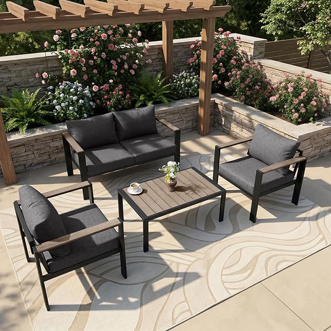 Outdoor Patio Furniture Set 4 Seats Luxury Aluminum Patio Conversation Set with Coffee Table, Washable Thick Cushions, Large Sectional Sofa for Porch, Balcony, Deck, Yard, Dark Gray