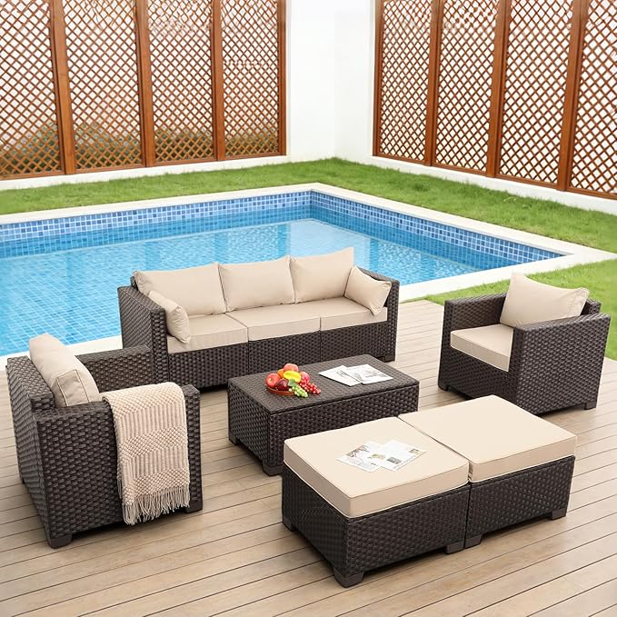6 Pieces Patio Outdoor Furniture Outdoor Conversation Sets Wicker Sofa Set with Outdoor Couch Patio Chairs Storage Coffee Table Khaki Cushions Waterproof Covers