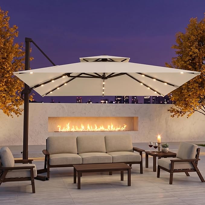 10FT Cantilever Patio Umbrella with Solar Lights, Large Outdoor 2 Tier Aluminum Offset Square Umbrellas 360 Degree Rotation for Garden Deck Pool