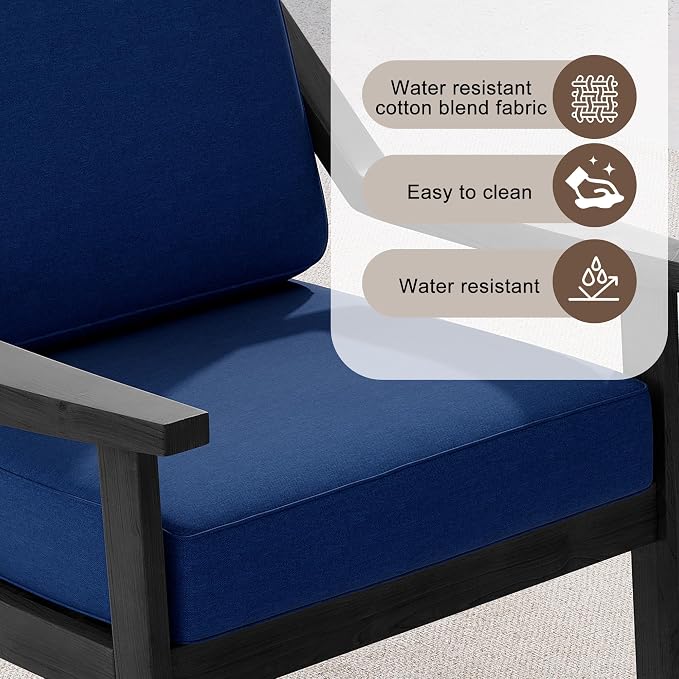 Outdoor Patio Furniture Set, 2 Piece Outdoor Patio Sofa Armchairs with Washable Thick Cushions, All-Weather Solid Wood Patio Bistro Set for Porch, Balcony, Black Frame & Navy Cushion