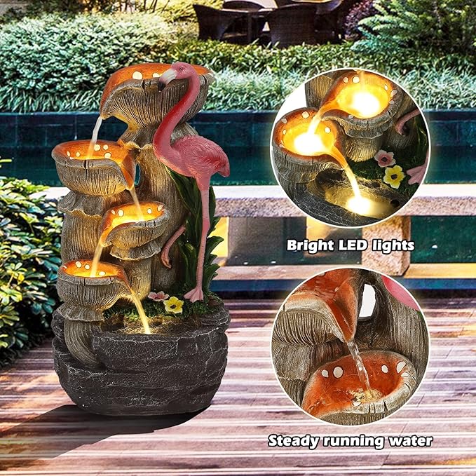 5 Tier Outdoor Indoor Water Feature Fountain, Flamingo Ornamental Cascading Waterfall with 5 LED Lights for Garden, Deck, Backyard, Patio