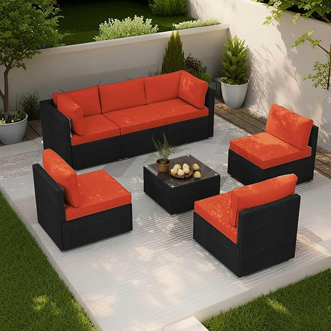 7-Piece Outdoor Patio Furniture Set – Handwoven All-Weather Rattan & 4” Thick Waterproof Cushions, Wicker Outdoor Conversation Sets with Coffee Table for Deck, Backyard, Garden, Black/Orange