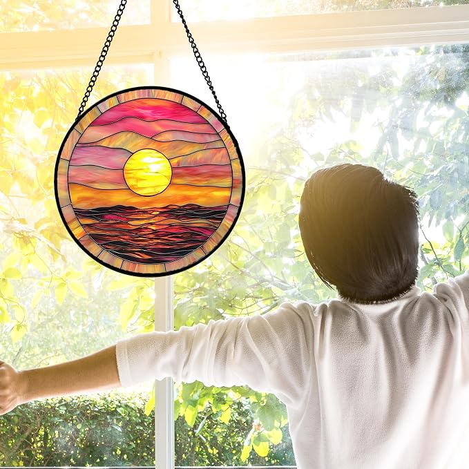 DASTOLL Stained Glass Window Hanging, Sunrise Sea Surface Sun Catchers Diamond Glass Panel Hangings Abstract Suncatcher Decor for Birthday for Women, Men, Wife, Aunt, and Mom 11.8 in
