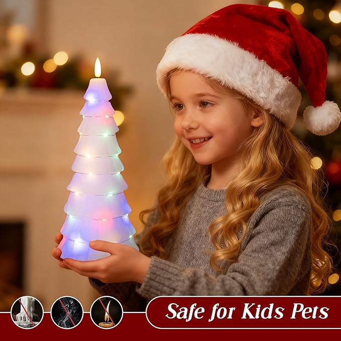 Christmas Tree Candles with Remote, Christmas Flameless Candles with Embedded Star String Fairy Lights, Real Wax Battery Operated Candles, Xmas Flameless Candles for Mantel Decor