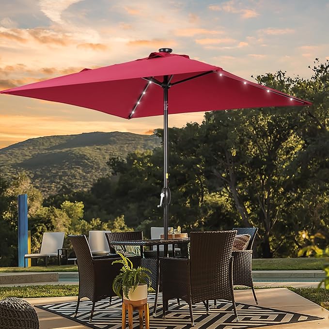 Square Patio Umbrella With Solar Lights, 6.5x6.5ft Square Umbrella Outdoor Patio with Tilt and Crank for Pool, Deck, Garden,Backyard