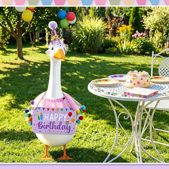 3 Pcs Happy Birthday Porch Goose Outfit Lawn Goose Cloth Costume for 23" Cement Plastic Patio Yard Statue Outdoor (Purple,Tutu Skirt)