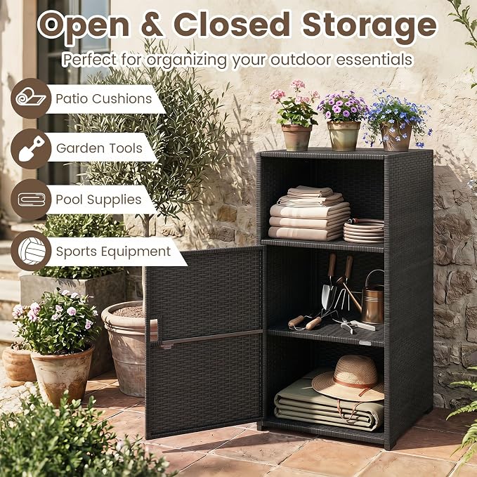Tangkula Rattan Outdoor Storage Cabinet, Patiojoy PE Wicker Outdoor Cabinet with 3 Storage Shelves, Open Compartment and Door, Patio Storage Deck Box for Porch, Poolside, Backyard