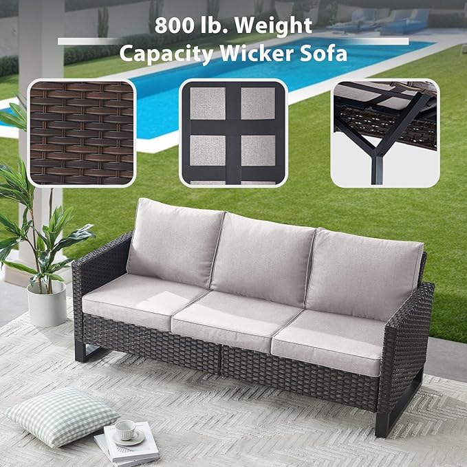 6 Piece Wicker Patio Furniture Set - Outdoor Swivel Rocker Chairs Set with Side Table, 3 Seat Sofa and Ottomans, Small Patio Conversation Sets Proch Furniture for Balcony Deck - Brown/Beige