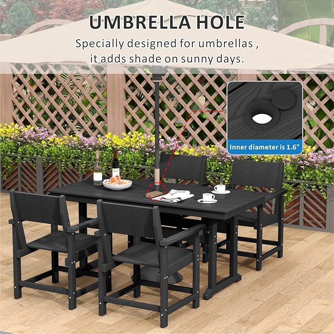 5-Piece HDPE Outdoor Patio Dining Set,Outdoor Table and Chairs,Modern Plastic Dining Sets with Umbrella Hole Cut-Out Table and 4 Chairs Black