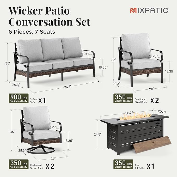 Patio Furniture Set with Fire Pit Table, Metal Outdoor Conversation Set with 5.75'' Extra Thick Cushion, 2 Swivel Chairs, 2 Leg Chairs, 3-Seat Sofa and Gas Fire Pit Table, Light Grey