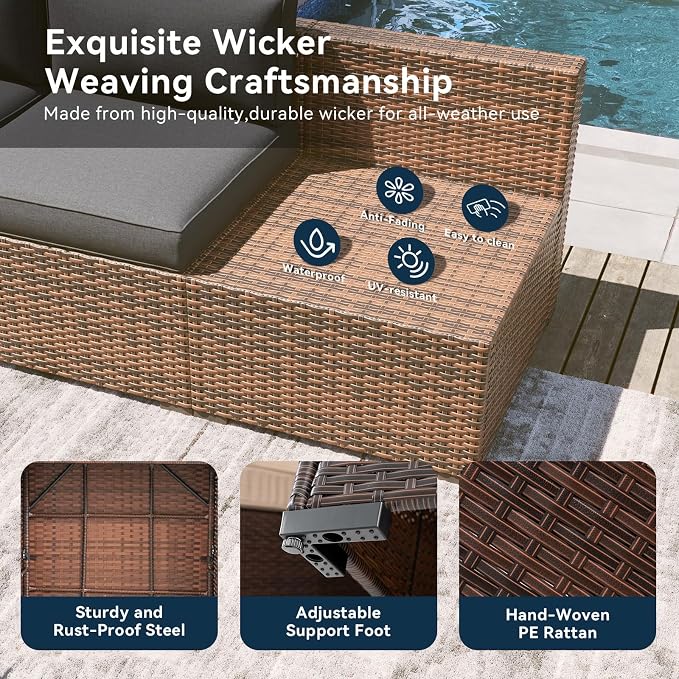 LazySunsets 8 Piece Outdoor Patio Furniture Set with 44'' Fire Pit Table, Outdoor Patio Furniture Set with 4'' Thicken Cushion, Wicker Rattan Outdoor Conversation Set for Backyard & Garden, Grey