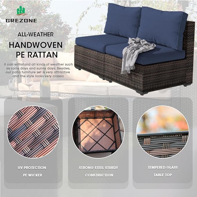 Outdoor Sectional Furniture, 5 Piece Patio Furniture Set with 42-inch Fire Wicker Propane Fire Pit Table - All Weather Wicker Rattan Couch Sofa Conversation Set for Backyard Lawn Poolside Deck, Blue