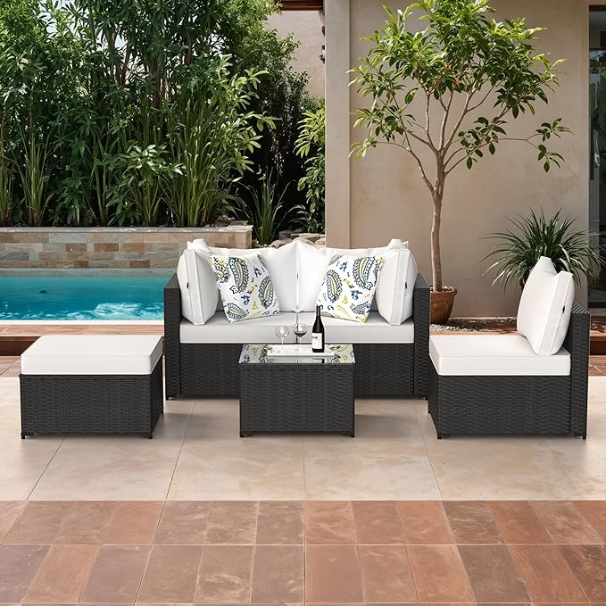 GOJOOASIS Patio Furniture Set Outdoor Sectional Sofa with Ottoman Wicker Couch Rattan Modular Seating Conversation Sets Porch Decor for Backyard, Balcony, Garden (White)