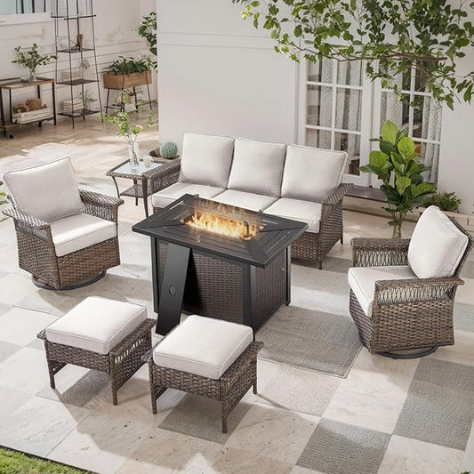 Patio Furniture Set with Fire Pit Table, 7PCS Patio Conversation Set Brown Resin Wicker Swivel Patio Chair Sofa Ottoman Set with Side Table and Fire Table PE Rattan Furniture Set