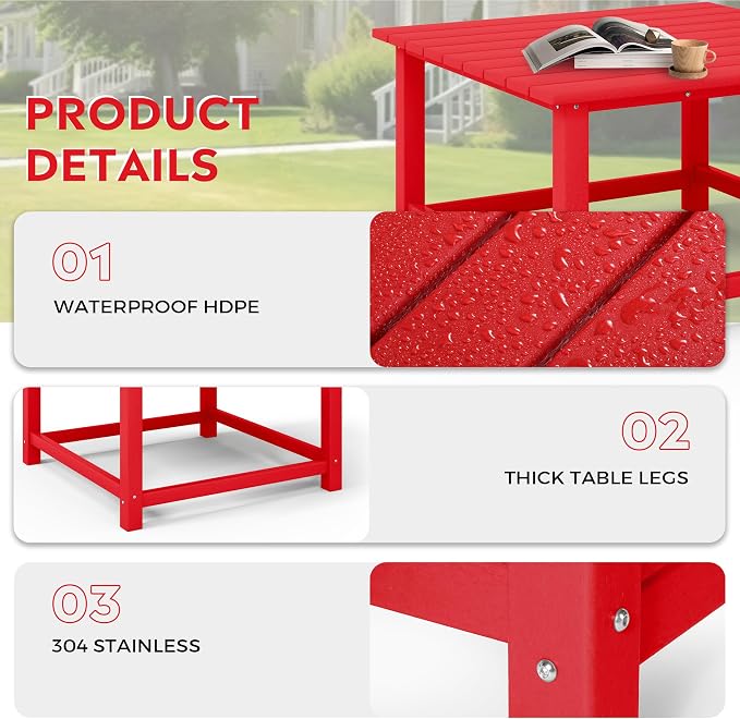 Costaelm Patio Conversation Table, Tatio Accent HDPE Outdoor Weather Resistant, Square Outdoor Porch Balcony Patio Drink Table for Outside, Pool, Backyard, Red