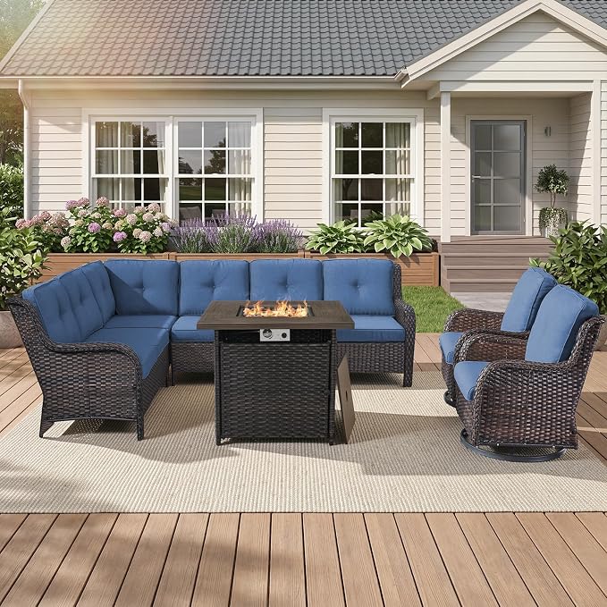Belord Patio Furniture Set with Fire Pit Table, Outdoor Swivel Rocker Patio Chairs, Oversized Outdoor Sectional Couch, Two 3-Seater Sofas with Coffee Table, Ideal for Porch, Deck, Brown Wicker/Blue