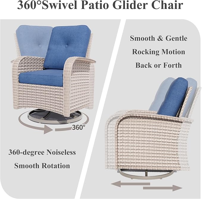Patio Furniture Set, 17-Piece Outdoor Sectional Sofa with Swivel Rocker Chairs & 2-Layer Glass Coffee Table, Wicker Patio Conversation Set with Blue Cushions