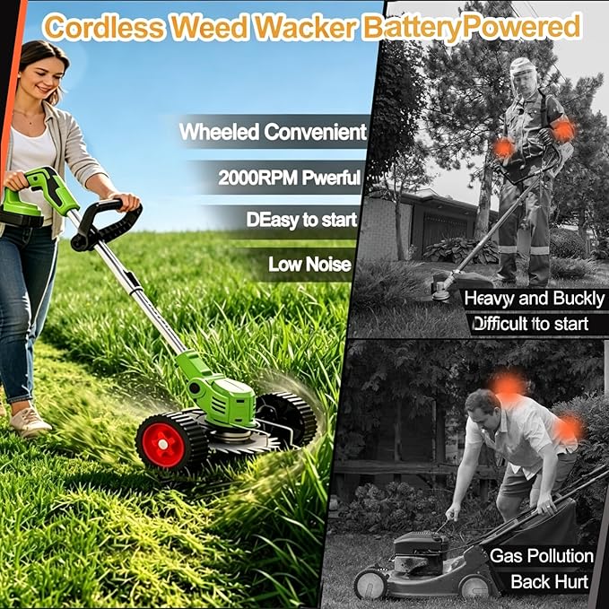 Electric Weed Wacker, 21V Cordless Weed Eater Battery Powered, No String Trimmer with Wheels & Metal Blades, Lightweight Grass Trimmer/Brush Cutter/Lawn Edger, Stringless Weed Trimmer for Yard Garden