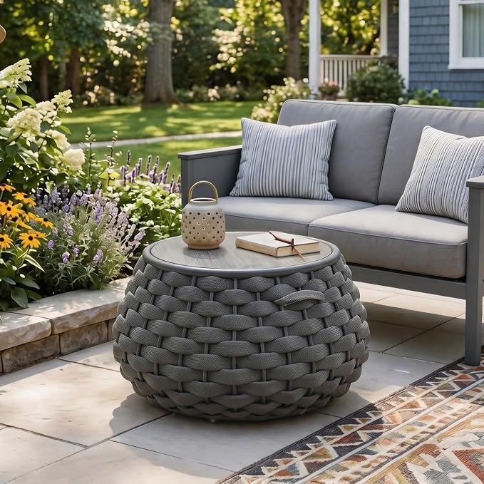 28 inch Outdoor Side Table, Large Patio End Table with Removable Lid Round Accent Side Tables with Metal Frame and Hollow Out Bottom for Patio, Balcony Porch, Poolside, Garden, Yard (Gray)