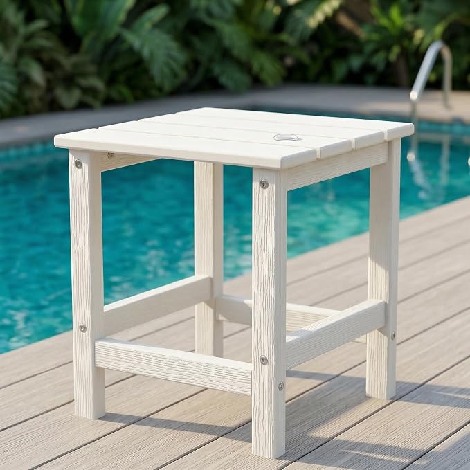 Outdoor Side Table, Square HDPE Patio End Table, Weather Resistant Adirondack Side Table for Porch, Garden, Backyard, Poolside, Waterproof Small Slat Accent Table, 14 Inch, White