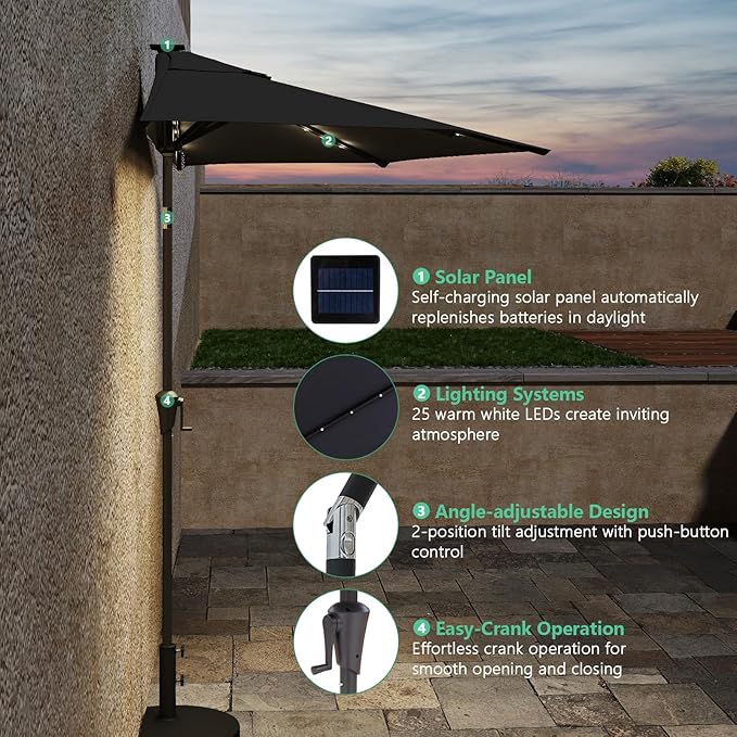 Helios&Hestia 9 ft Small Half Round Solar Powered Wall Outdoor Market Patio Umbrella with LED Lights and Tilt for Garden, Deck, Balcony