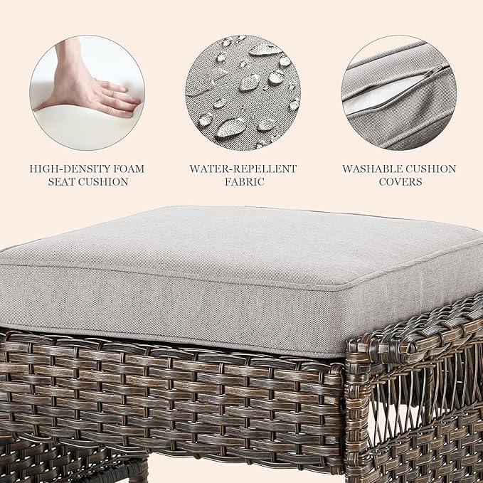 Patio Furniture Set 2 Wicker Swivel Glider Chairs 2 PE Rattan Ottomans with Patio Side Table Brown Wicker Beige Cushions Patio Conversation Set 5pcs for Garden Backyard
