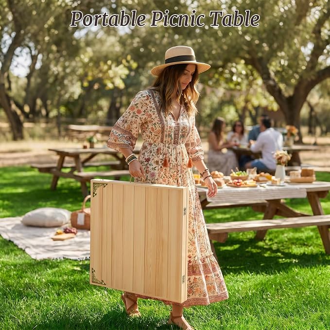 Low Picnic Table with 2 Adjustable Heights – Boho Wooden Picnic Table with Table Runner, 95" x 34" Size for 10, Portable & Foldable for Beach, Camping & Forest