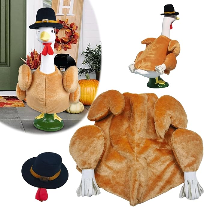 Turkey Porch Goose Outfits for 23 Inch Lawn Statue, Funny Costume for Plastic/Cement Goose Statue, Seasonal Fall Thanksgiving Sculpture Clothes for Garden Yard Patio Party Decoration