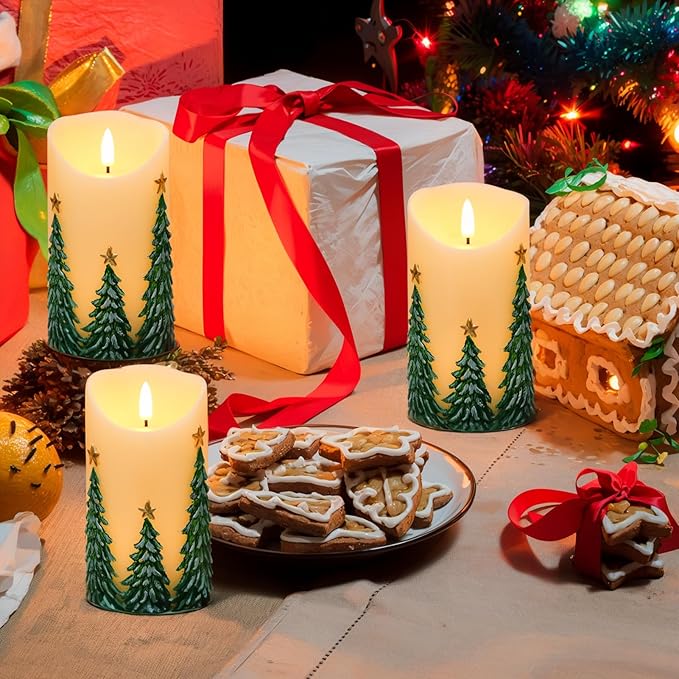 Wondise Christmas Flameless Candles with Timer, Battery Operated Flickering 3D Wick Real Wax Christmas Tree Candles for Christmas Holiday Indoor Decoration, Set of 2, Ivory(D3 x H5.7 Inch)