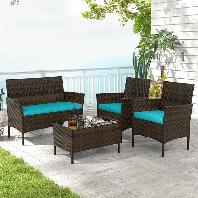 HAPPYGRILL 4 Pieces Outdoor Rattan Conversation Set, Patio Wicker Furniture Set with Loveseat Chairs & Tempered Glass Coffee Table, Outside Sectional Sofa Set for Backyard, Garden, Poolside