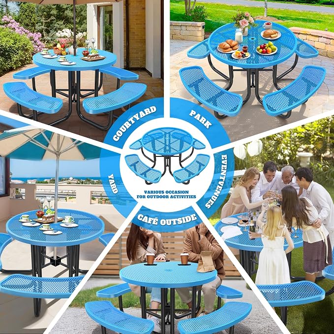 46IN Circle Metal Picnic Table Set with Umbrella Hole and 4Benches for Outdoor, Expanded Heavy Duty Metal Commercial Grade Patio Dining Furniture for Yard Patio Lawn Party Coffee, Blue