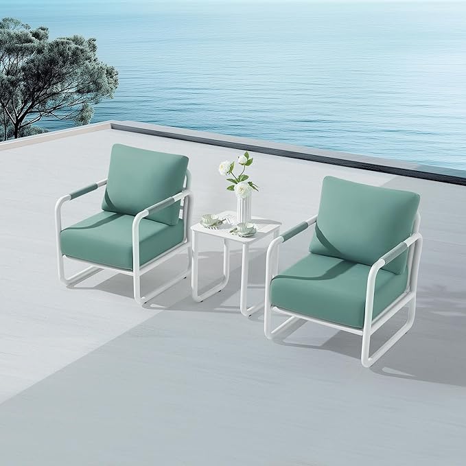 MBY Outdoor Aluminum Patio Furniture Set, 2-Seats Patio Conversation Sofa Set with Coffee Table and 6.7" Thickened Cushions, All Weather for Pool, Garden-White